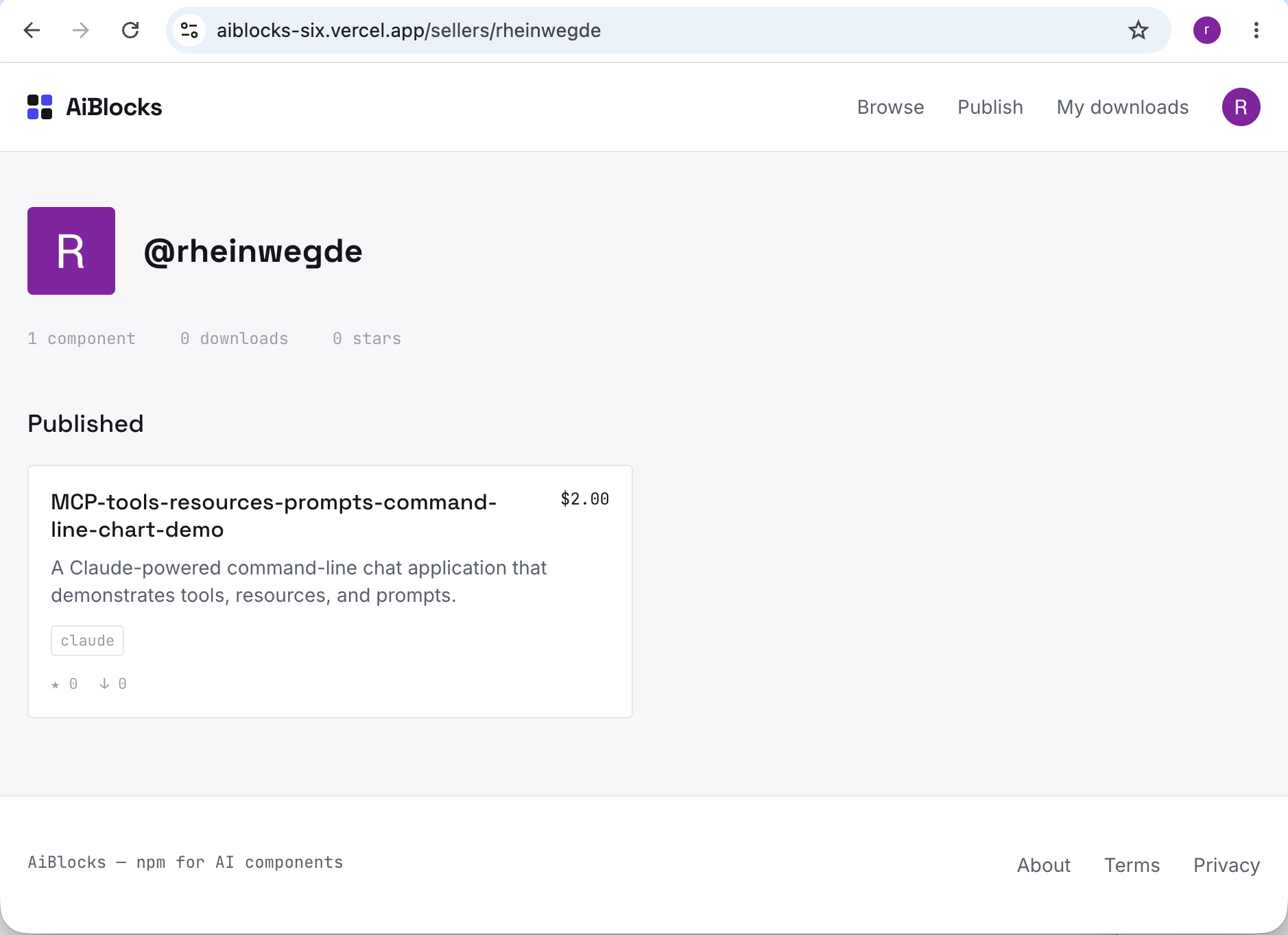 The seller page listing published components