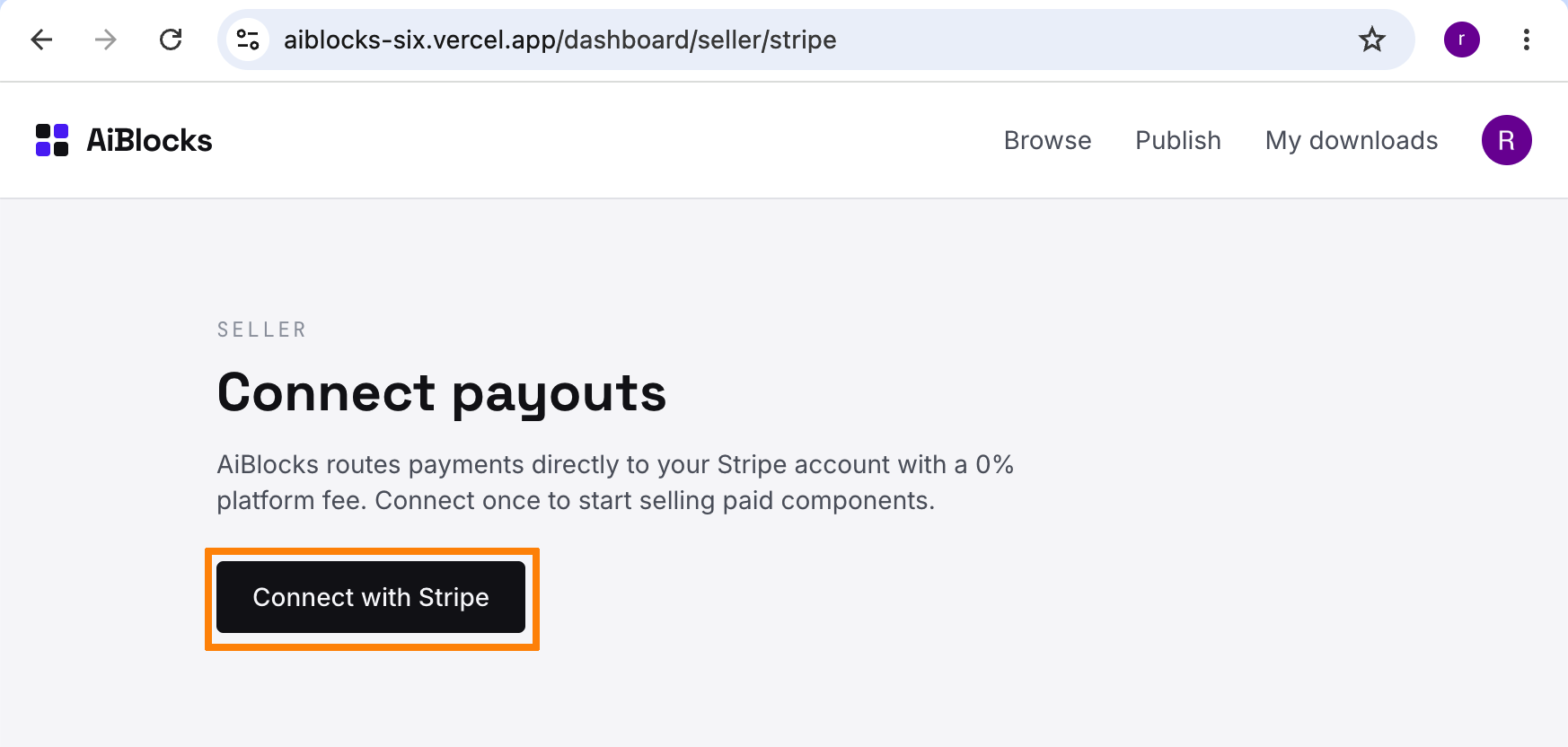 The Connect with Stripe button on AiBlocks