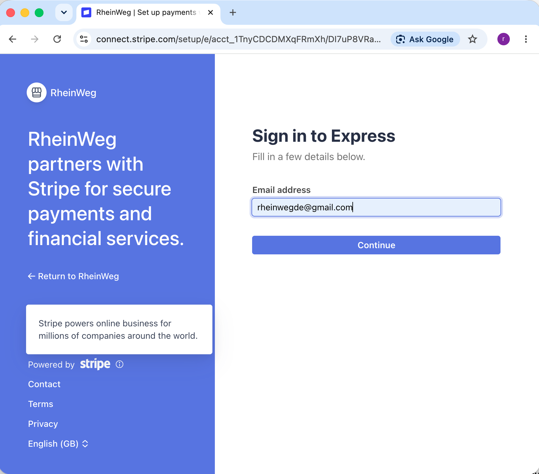 Stripe Express onboarding start