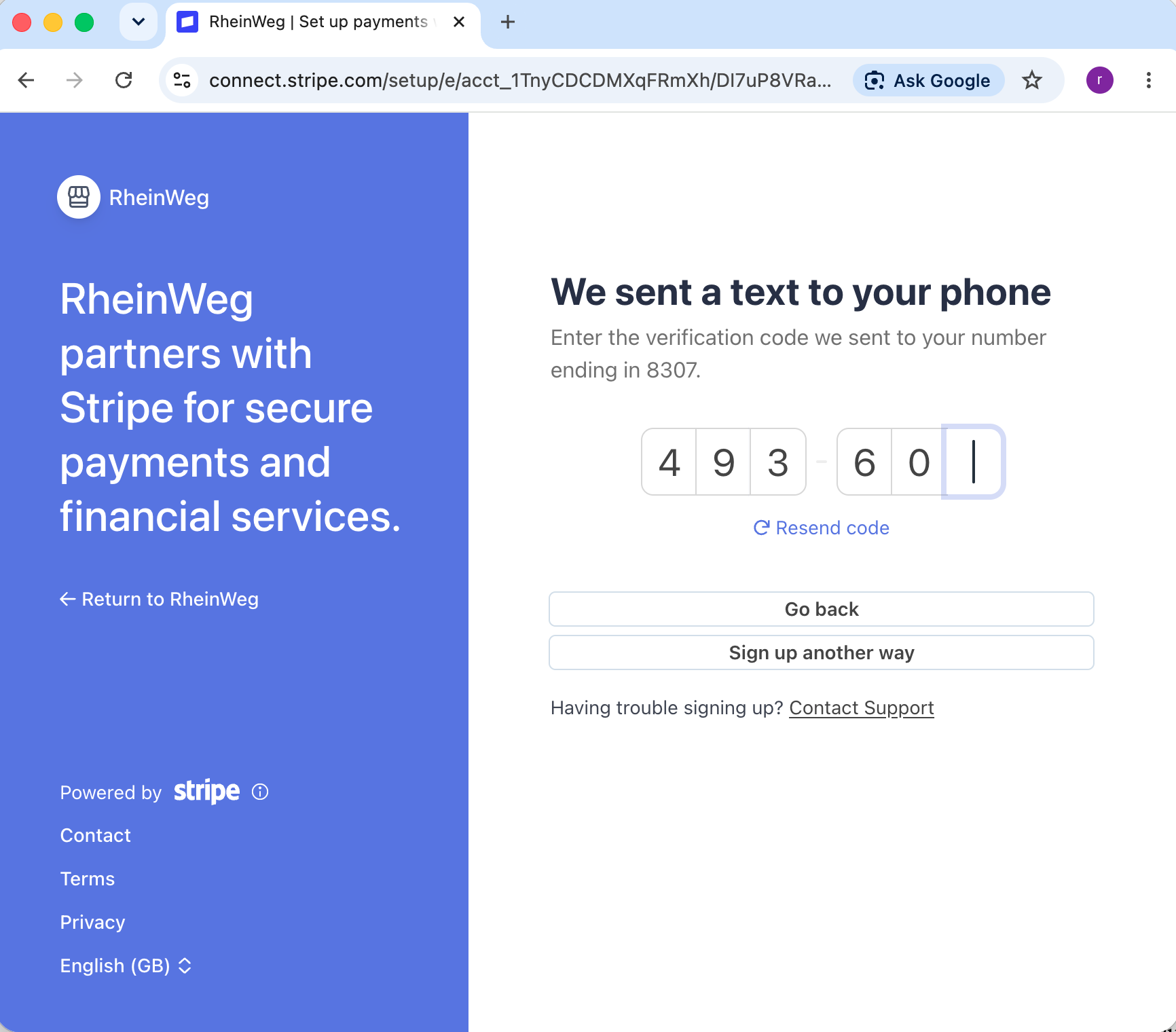 Entering the verification code