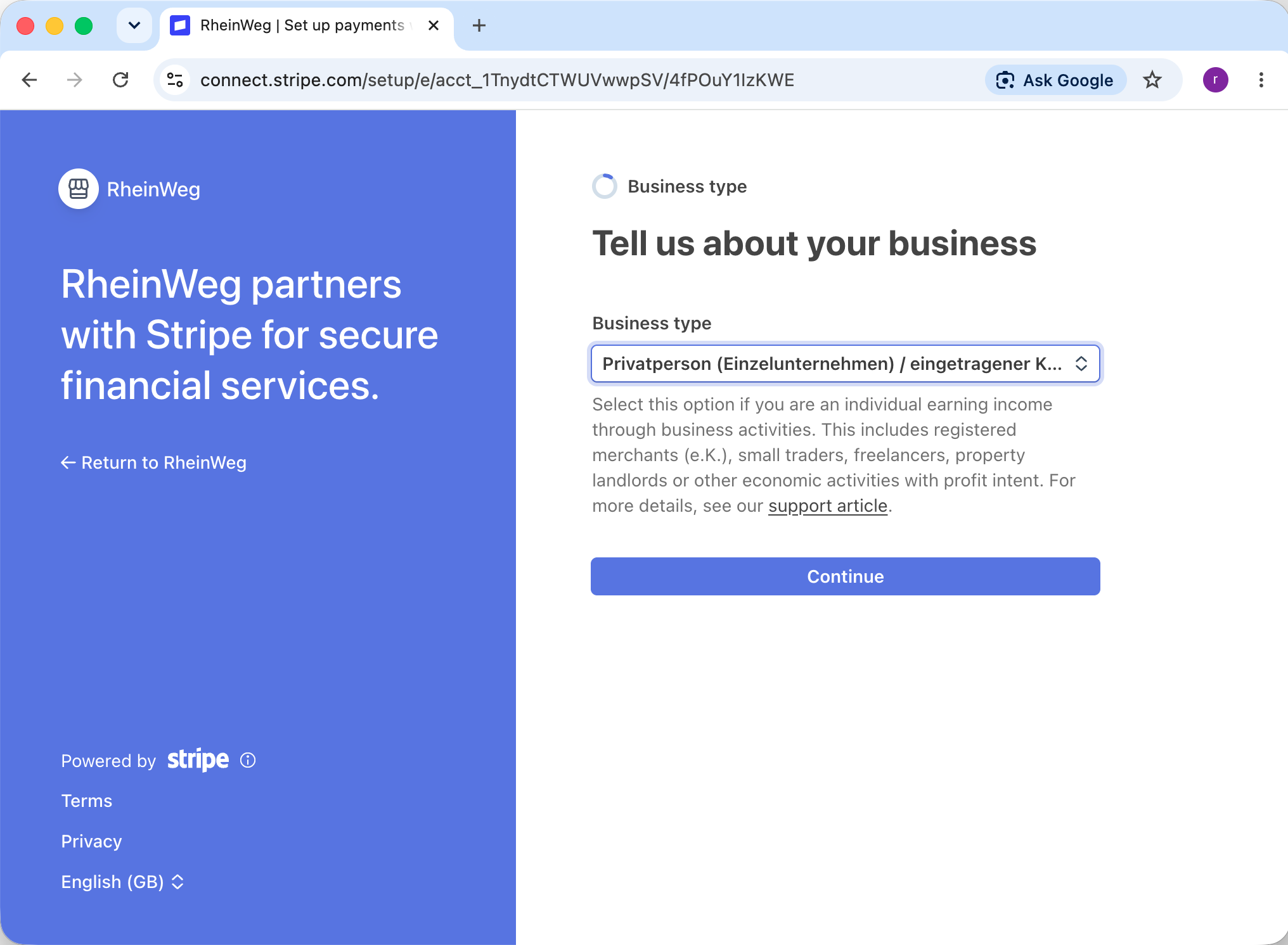 Business type selection