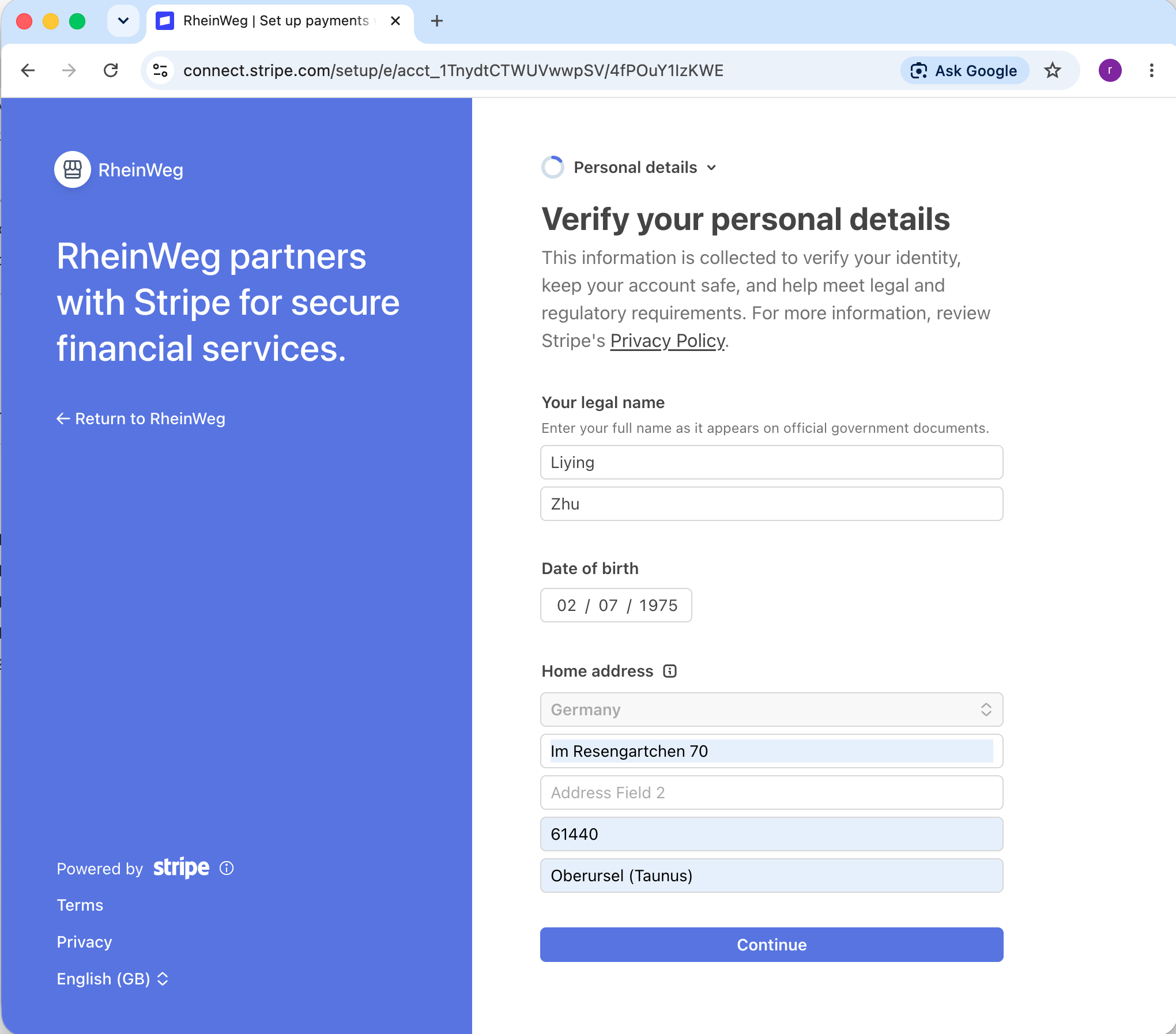 Personal details form