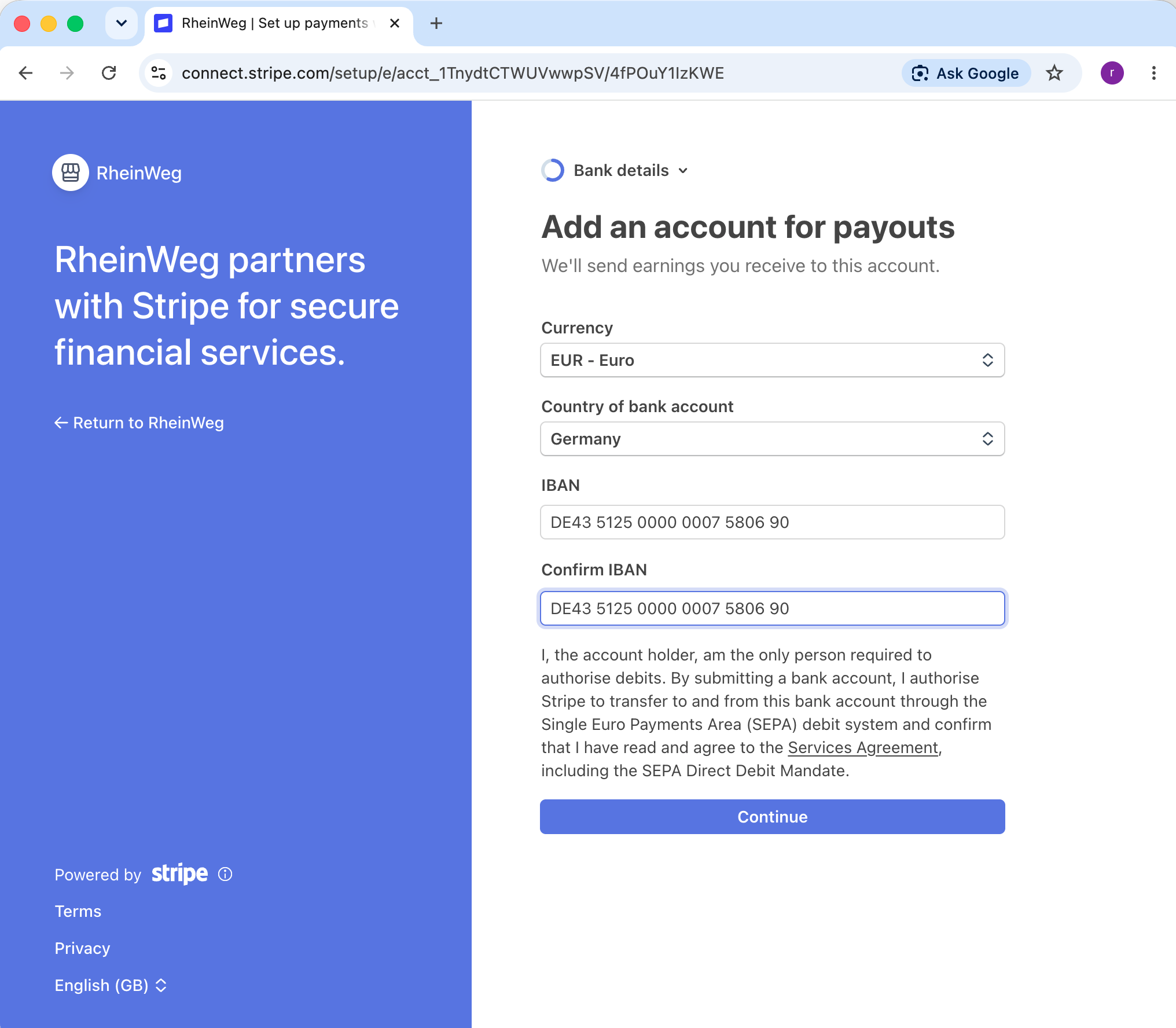Adding a payout bank account
