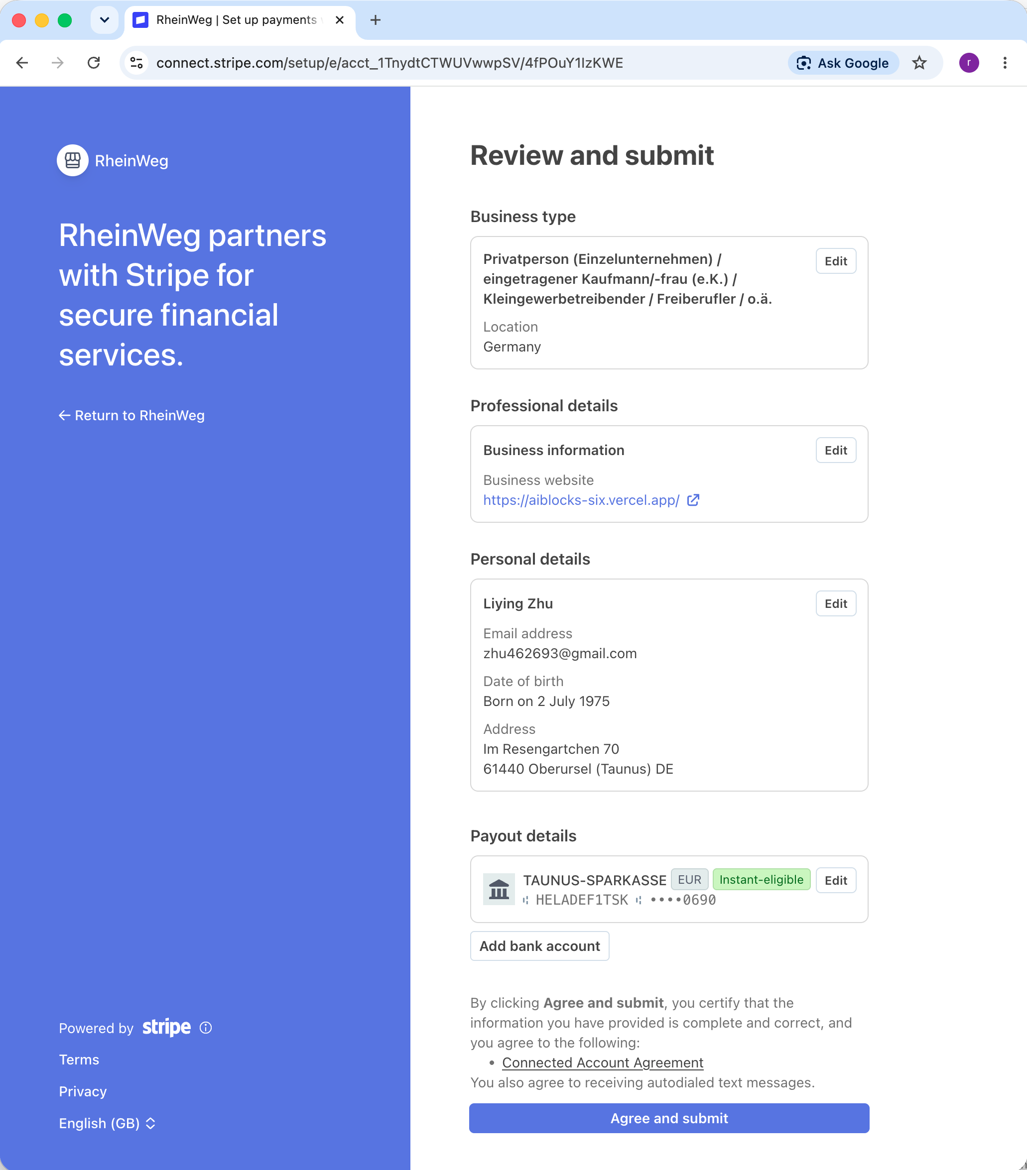 Review and submit screen